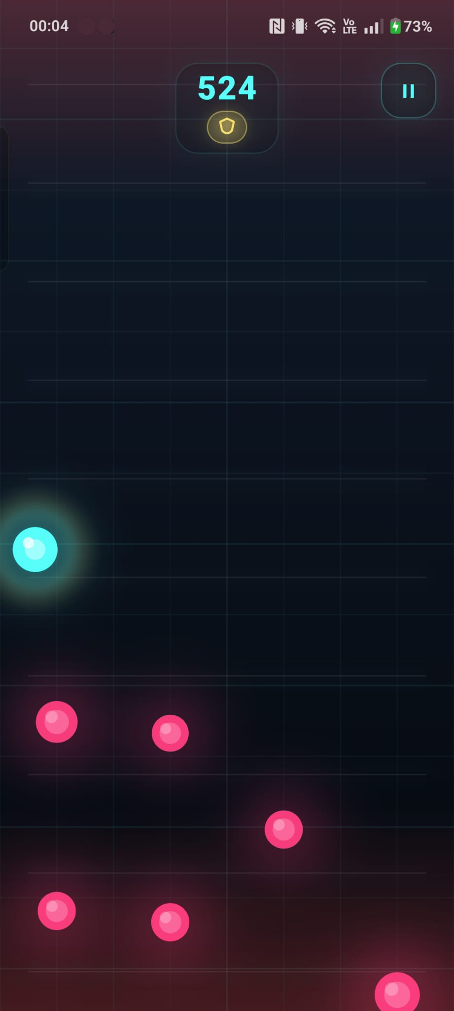 Scroll Drift gameplay with cyan player orb dodging pink obstacles on a neon grid.
