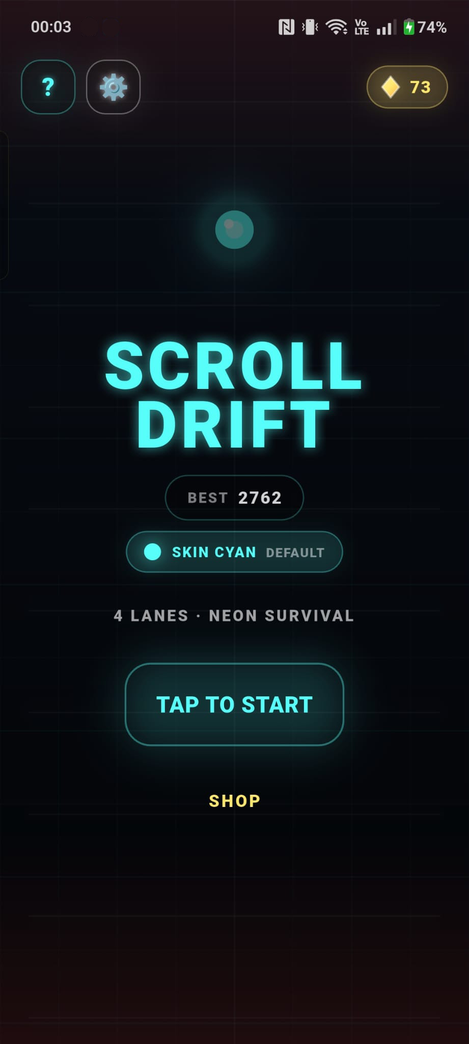 Scroll Drift home screen with start button, best score and current skin.