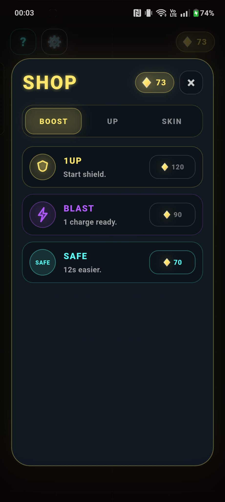 Scroll Drift shop screen showing the boost tab with items like 1UP, Blast and Safe.