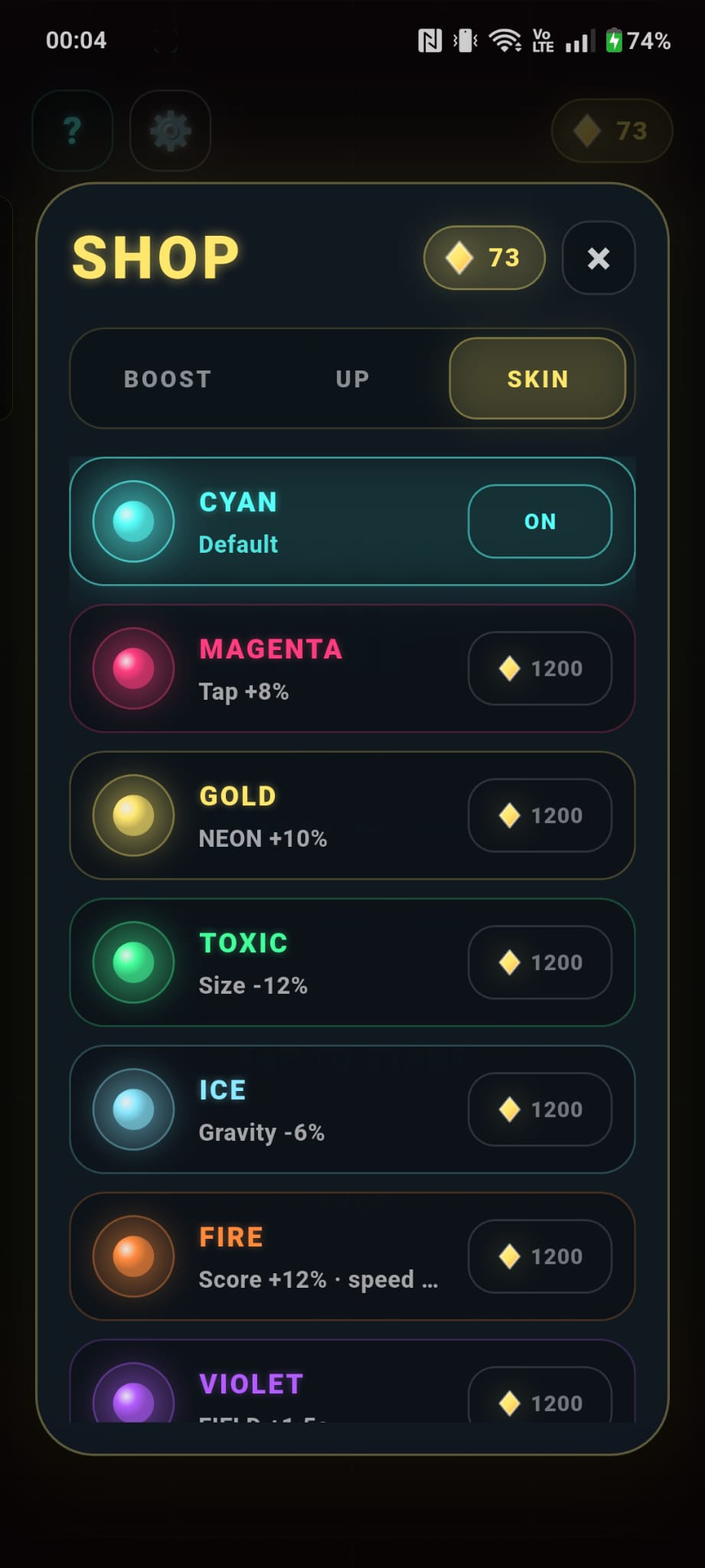 Scroll Drift shop screen showing the skin tab with unlockable neon skins.